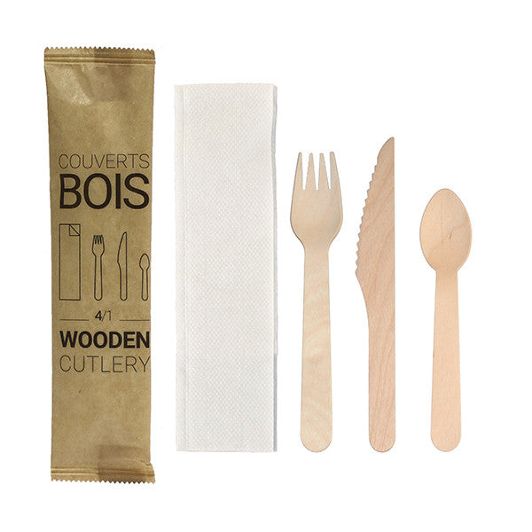 Kit couverts en bois 4 en 1 Fourchette Couteau Petite Cuillère et Serviette (250 Pcs)