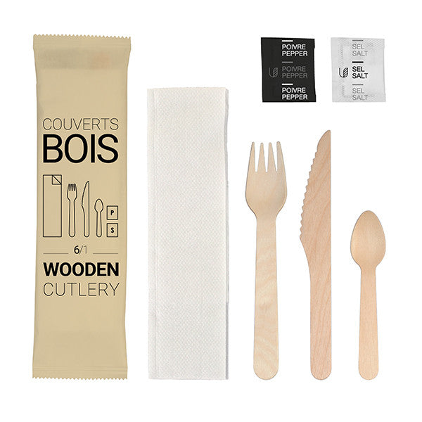 Kit couverts en bois 6 en 1 Fourchette Couteau Petite Cuillère Serviette Sel et Poivre (250 Pcs)