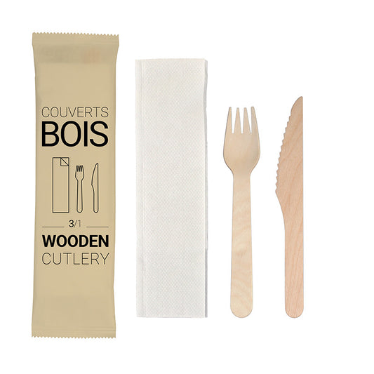 Kit couverts en bois 3 en 1 Fourchette Couteau et Serviette (250 Pcs)